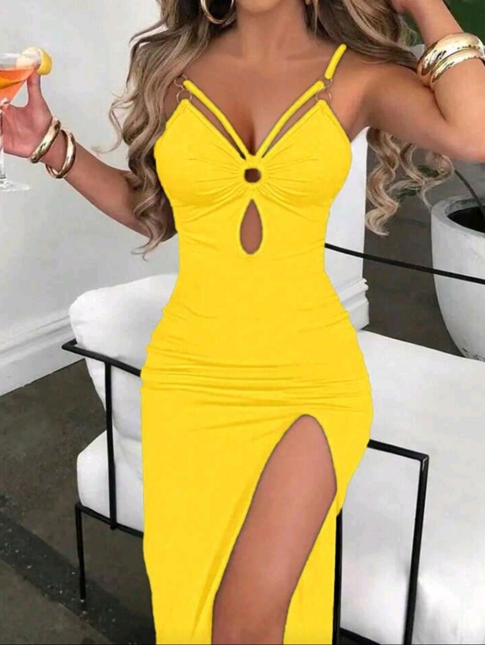 Shein Ring Connection Pleated Slit Hem, Long,Slim Sexy Cami yellow size 12